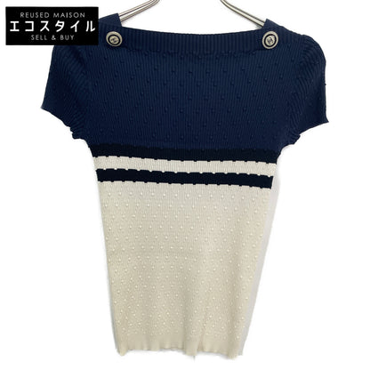 CHANEL シャネル ネイビー×ホワイト P53627 半袖ニットカットソー トップス 34