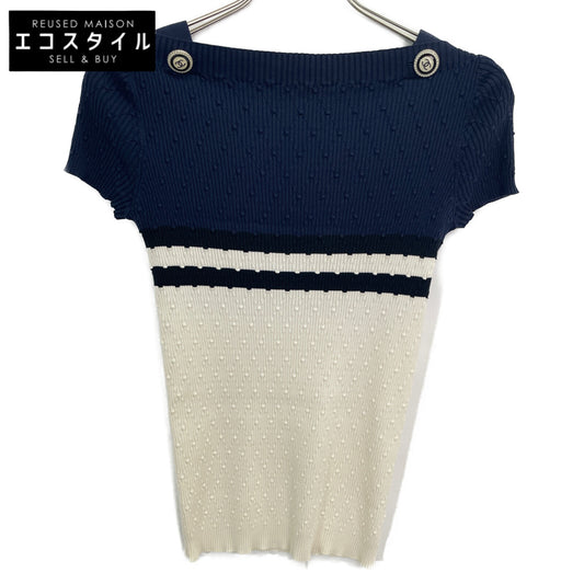 CHANEL シャネル ネイビー×ホワイト P53627 半袖ニットカットソー トップス 34