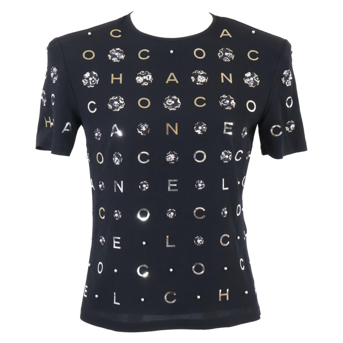 CHANEL シャネル 美品 国内正規 P70789V61962 カメリア＆アイコン パール シルク Tシャツ カットソー トップス 34