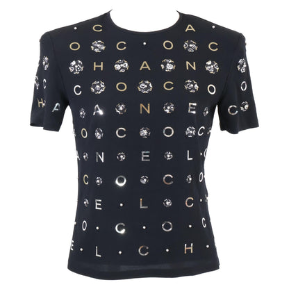 CHANEL シャネル 美品 国内正規 P70789V61962 カメリア＆アイコン パール シルク Tシャツ カットソー トップス 34