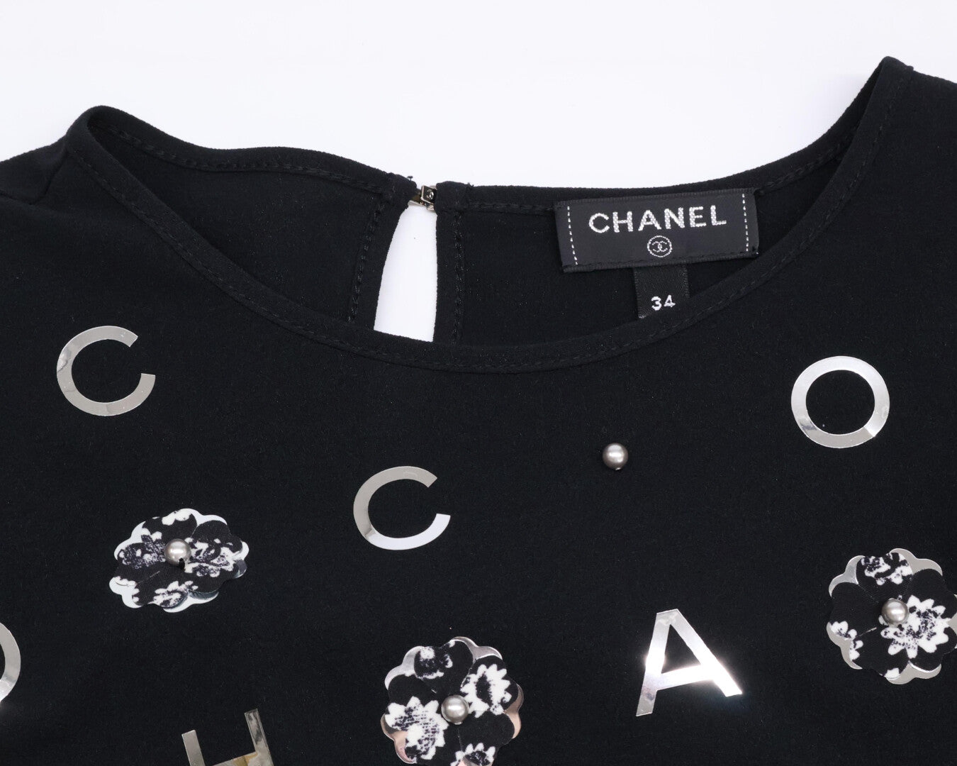 CHANEL シャネル 美品 国内正規 P70789V61962 カメリア＆アイコン パール シルク Tシャツ カットソー トップス 34