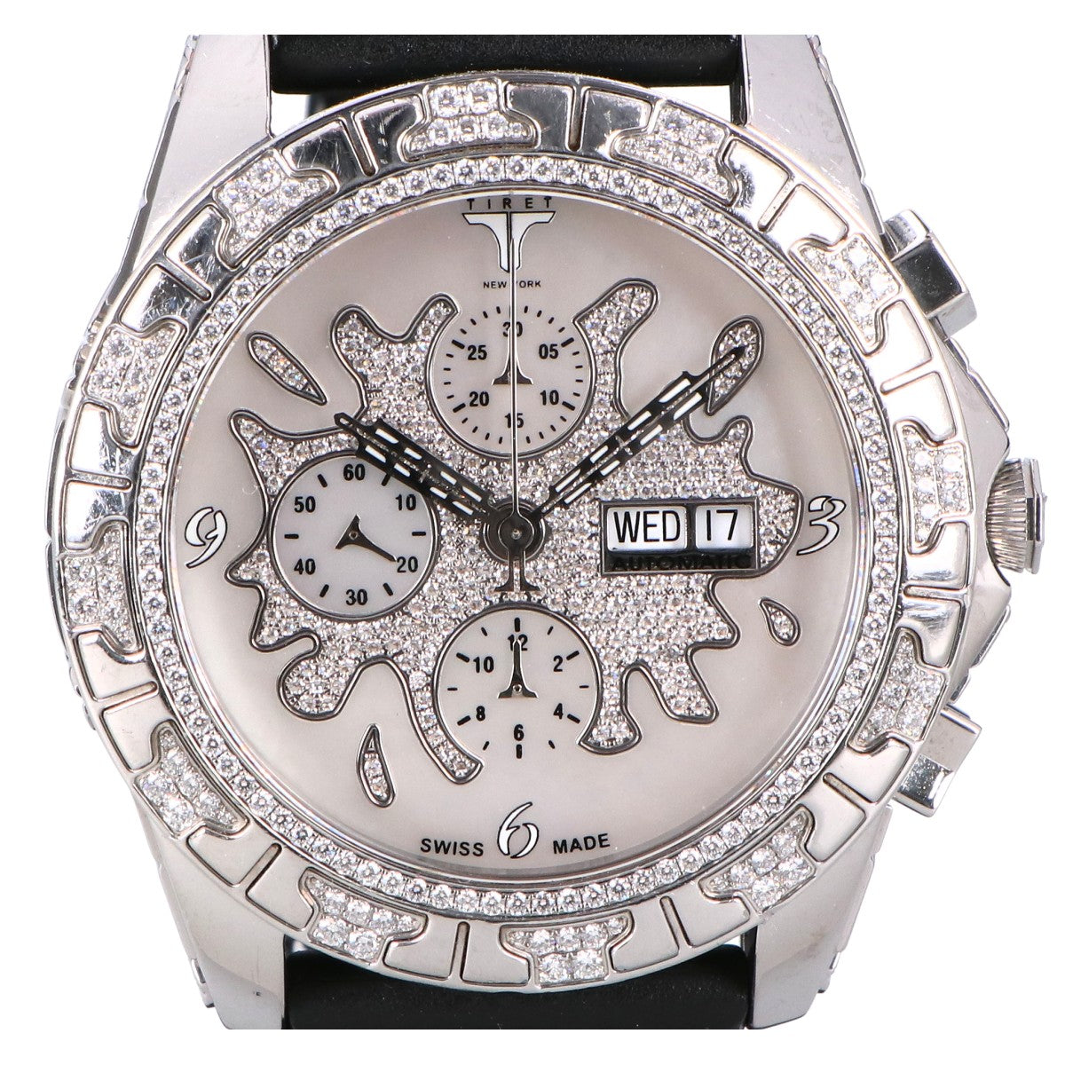 TIRET NEW YORK ティレット ニューヨーク オートマティッククロノグラフ100 ホワイトMOPスプラッシュダイアル フルダイヤモンド シースルーバック 腕時計