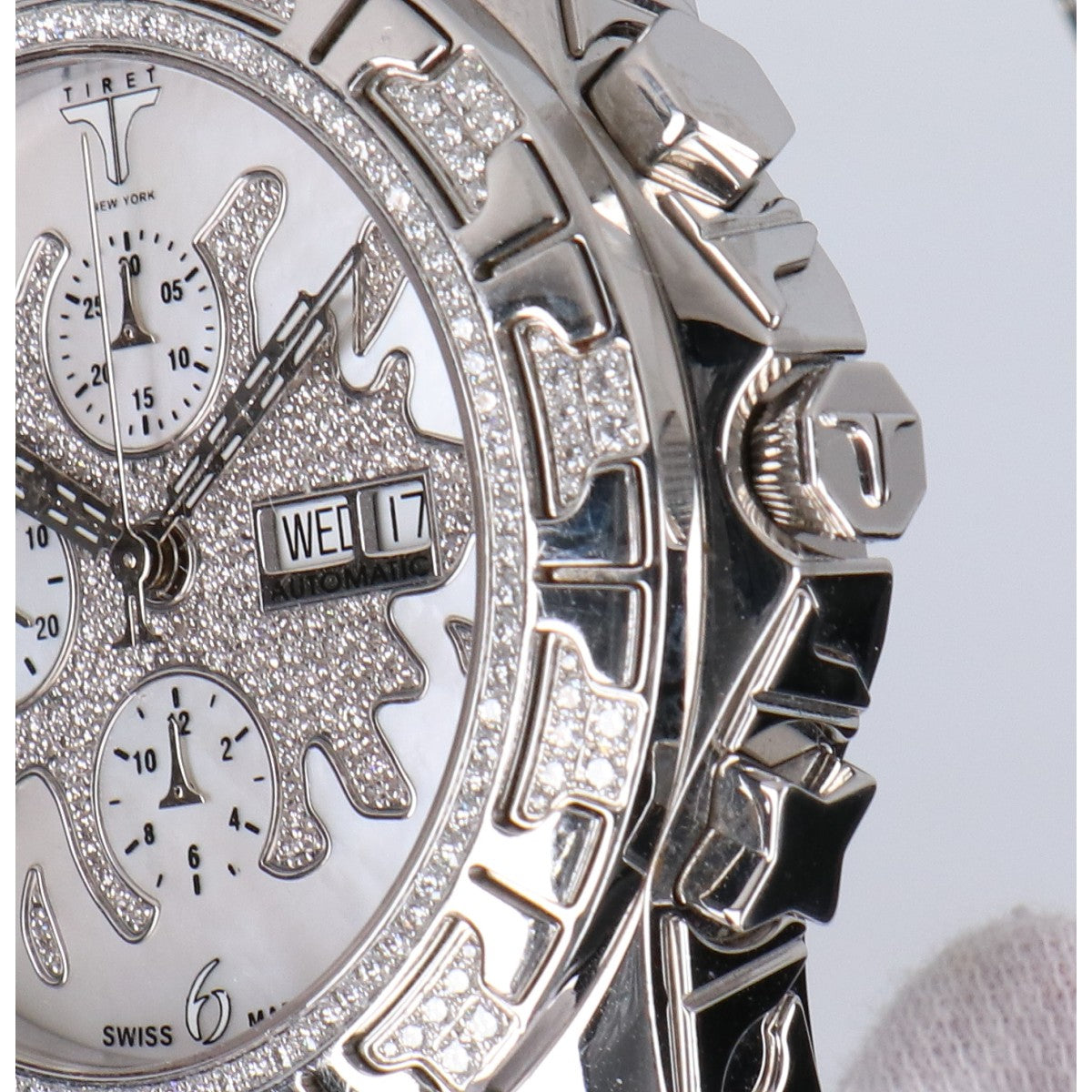 TIRET NEW YORK ティレット ニューヨーク オートマティッククロノグラフ100 ホワイトMOPスプラッシュダイアル フルダイヤモンド シースルーバック 腕時計