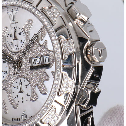 TIRET NEW YORK ティレット ニューヨーク オートマティッククロノグラフ100 ホワイトMOPスプラッシュダイアル フルダイヤモンド シースルーバック 腕時計