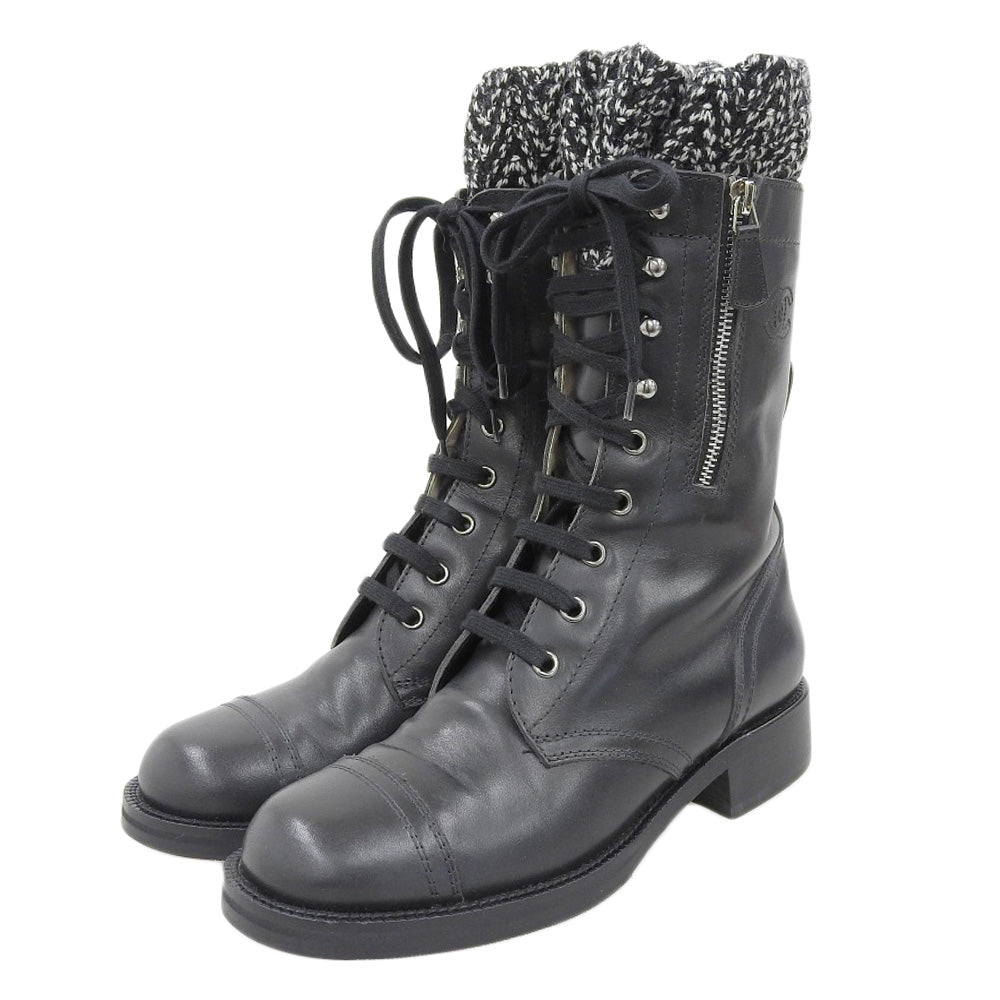 CHANEL シャネル 新品同様 CHANEL シャネル ココマーク レースアップ コンバットブーツ シューズ レディース レザー×ツイード ブラック 38 G27911 シューズ 38