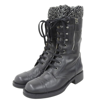 CHANEL シャネル 新品同様 CHANEL シャネル ココマーク レースアップ コンバットブーツ シューズ レディース レザー×ツイード ブラック 38 G27911 シューズ 38