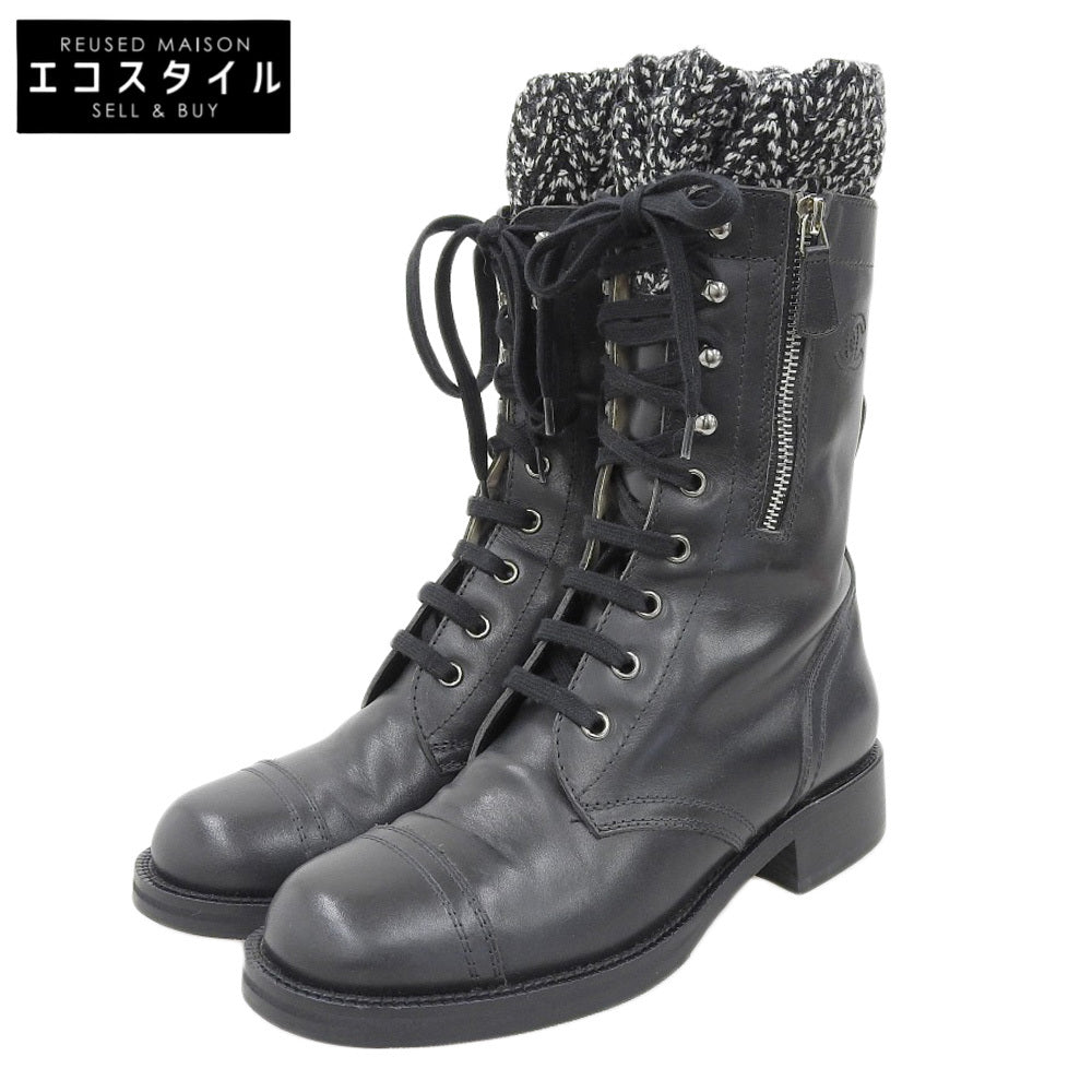 CHANEL シャネル 新品同様 CHANEL シャネル ココマーク レースアップ コンバットブーツ シューズ レディース レザー×ツイード ブラック 38 G27911 シューズ 38