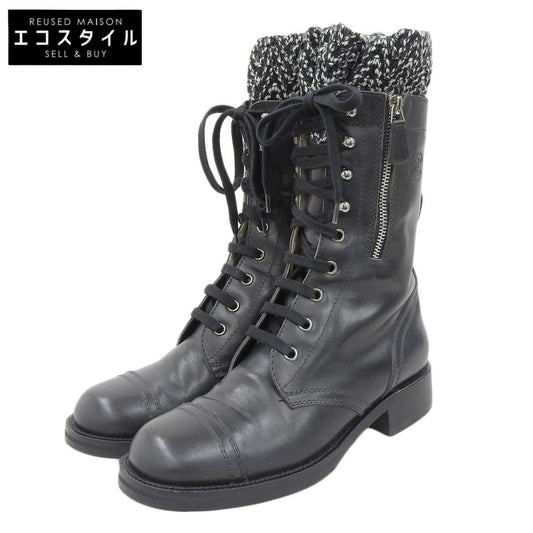 CHANEL シャネル 新品同様 CHANEL シャネル ココマーク レースアップ コンバットブーツ シューズ レディース レザー×ツイード ブラック 38 G27911 シューズ 38