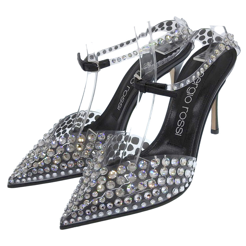 Sergio Rossi セルジオロッシ 新品同様 GODIVA ビジュ― ポインテッドトゥ アンクルストラップ パンプス クリア/ブラック 35 22AW シューズ 35
