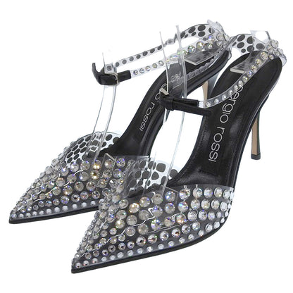 Sergio Rossi セルジオロッシ 新品同様 GODIVA ビジュ― ポインテッドトゥ アンクルストラップ パンプス クリア/ブラック 35 22AW シューズ 35