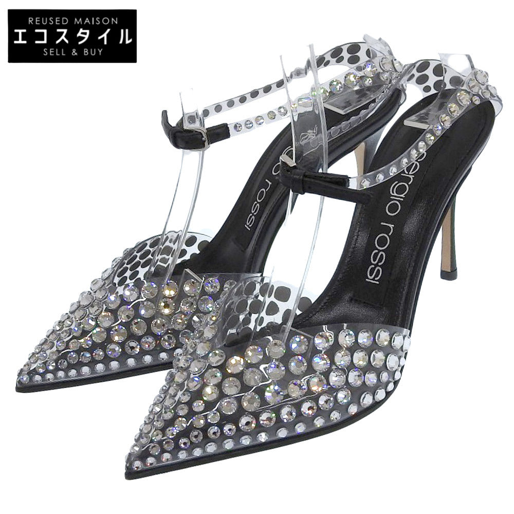 Sergio Rossi セルジオロッシ 新品同様 GODIVA ビジュ― ポインテッドトゥ アンクルストラップ パンプス クリア/ブラック 35 22AW シューズ 35