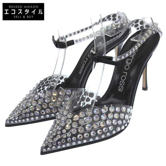 Sergio Rossi セルジオロッシ 新品同様 GODIVA ビジュ― ポインテッドトゥ アンクルストラップ パンプス クリア/ブラック 35 22AW シューズ 35