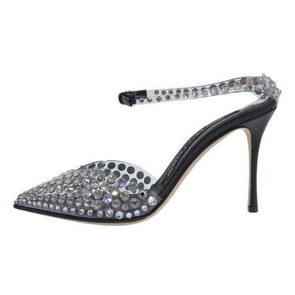 Sergio Rossi セルジオロッシ 新品同様 GODIVA ビジュ― ポインテッドトゥ アンクルストラップ パンプス クリア/ブラック 35 22AW シューズ 35