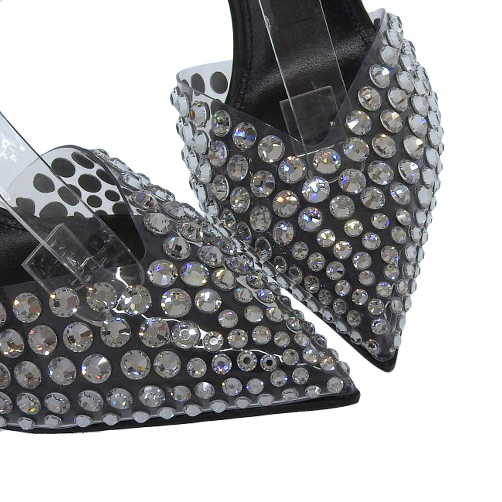 Sergio Rossi セルジオロッシ 新品同様 GODIVA ビジュ― ポインテッドトゥ アンクルストラップ パンプス クリア/ブラック 35 22AW シューズ 35