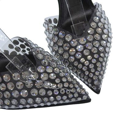 Sergio Rossi セルジオロッシ 新品同様 GODIVA ビジュ― ポインテッドトゥ アンクルストラップ パンプス クリア/ブラック 35 22AW シューズ 35