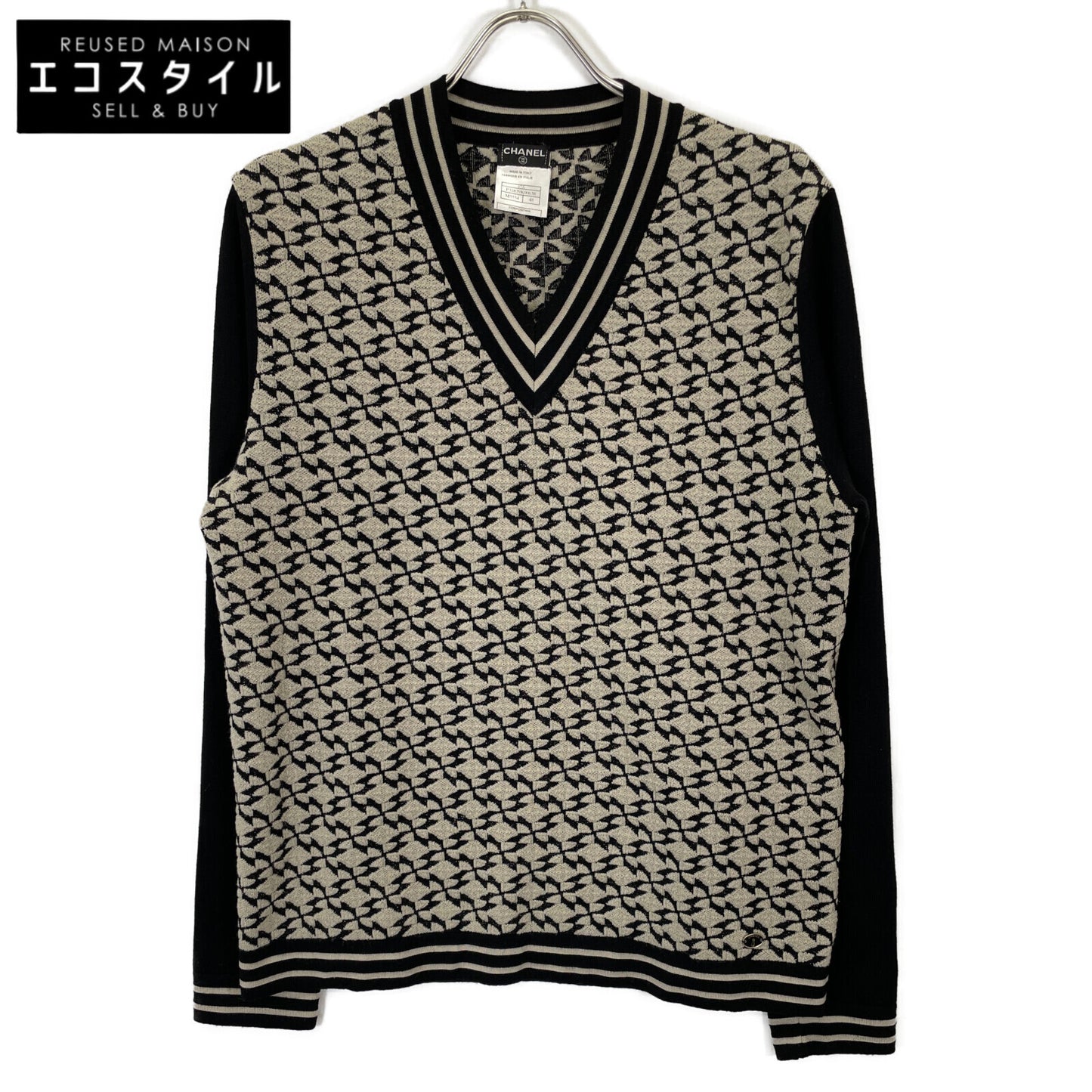 CHANEL シャネル 07A P31879K00638 ﾍﾞｰｼﾞｭ×ﾌﾞﾗｯｸ ｳｰﾙ混 総柄 Vﾈｯｸﾆｯﾄﾌﾟﾙｵｰﾊﾞｰ トップス 48