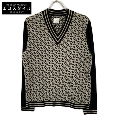 CHANEL シャネル 07A P31879K00638 ﾍﾞｰｼﾞｭ×ﾌﾞﾗｯｸ ｳｰﾙ混 総柄 Vﾈｯｸﾆｯﾄﾌﾟﾙｵｰﾊﾞｰ トップス 48