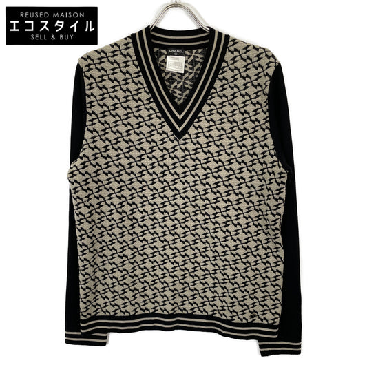 CHANEL シャネル 07A P31879K00638 ﾍﾞｰｼﾞｭ×ﾌﾞﾗｯｸ ｳｰﾙ混 総柄 Vﾈｯｸﾆｯﾄﾌﾟﾙｵｰﾊﾞｰ トップス 48