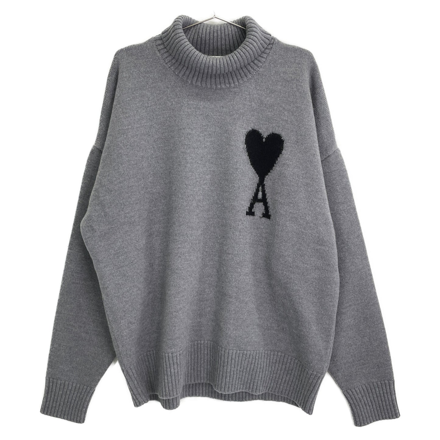 AMI PARIS アミパリス UKS402.018 24AW ｸﾞﾚｰ×ｸﾞﾚｰ ﾊｰﾄﾛｺﾞﾀｰﾄﾙﾈｯｸﾆｯﾄ トップス L