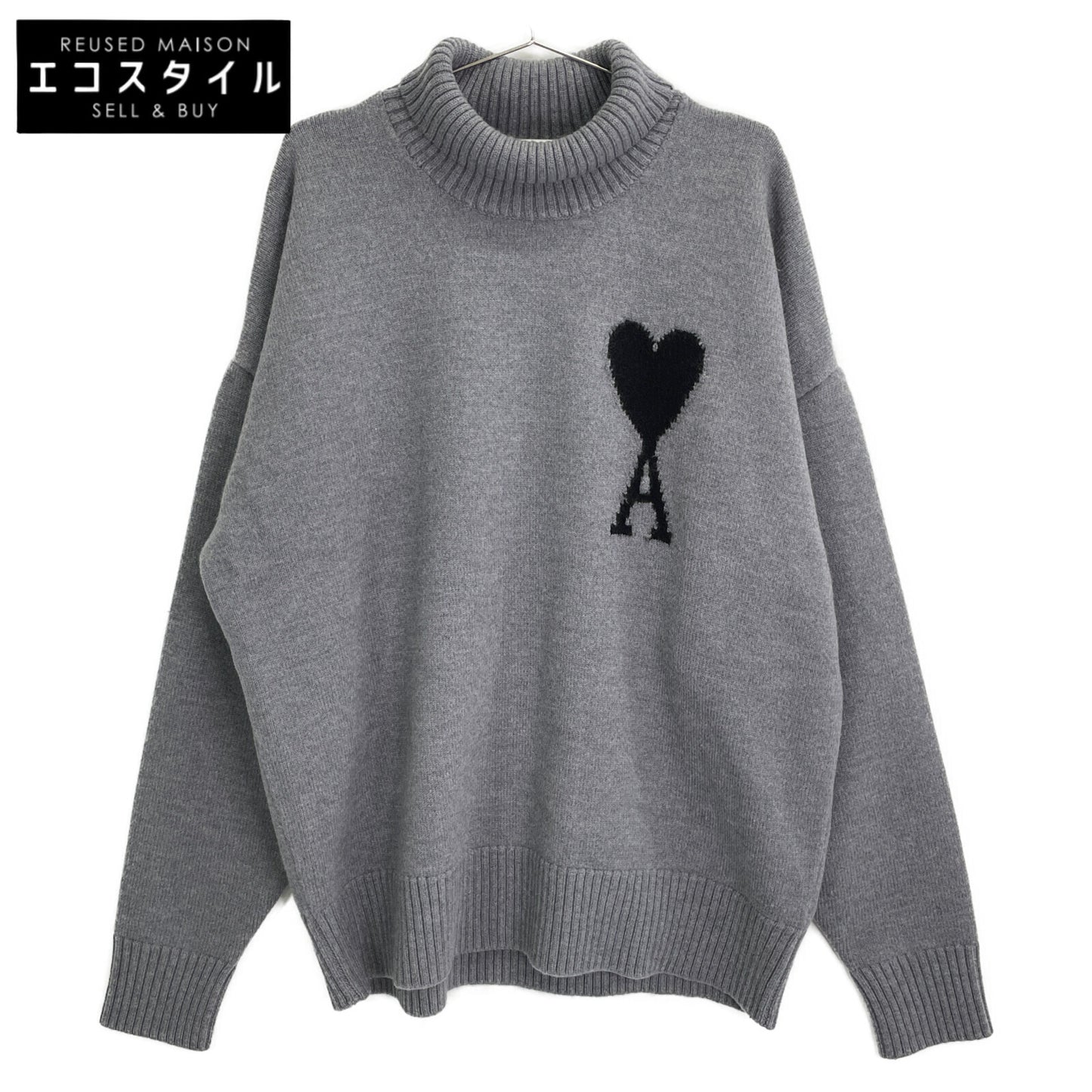 AMI PARIS アミパリス UKS402.018 24AW ｸﾞﾚｰ×ｸﾞﾚｰ ﾊｰﾄﾛｺﾞﾀｰﾄﾙﾈｯｸﾆｯﾄ トップス L