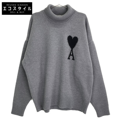 AMI PARIS アミパリス UKS402.018 24AW ｸﾞﾚｰ×ｸﾞﾚｰ ﾊｰﾄﾛｺﾞﾀｰﾄﾙﾈｯｸﾆｯﾄ トップス L