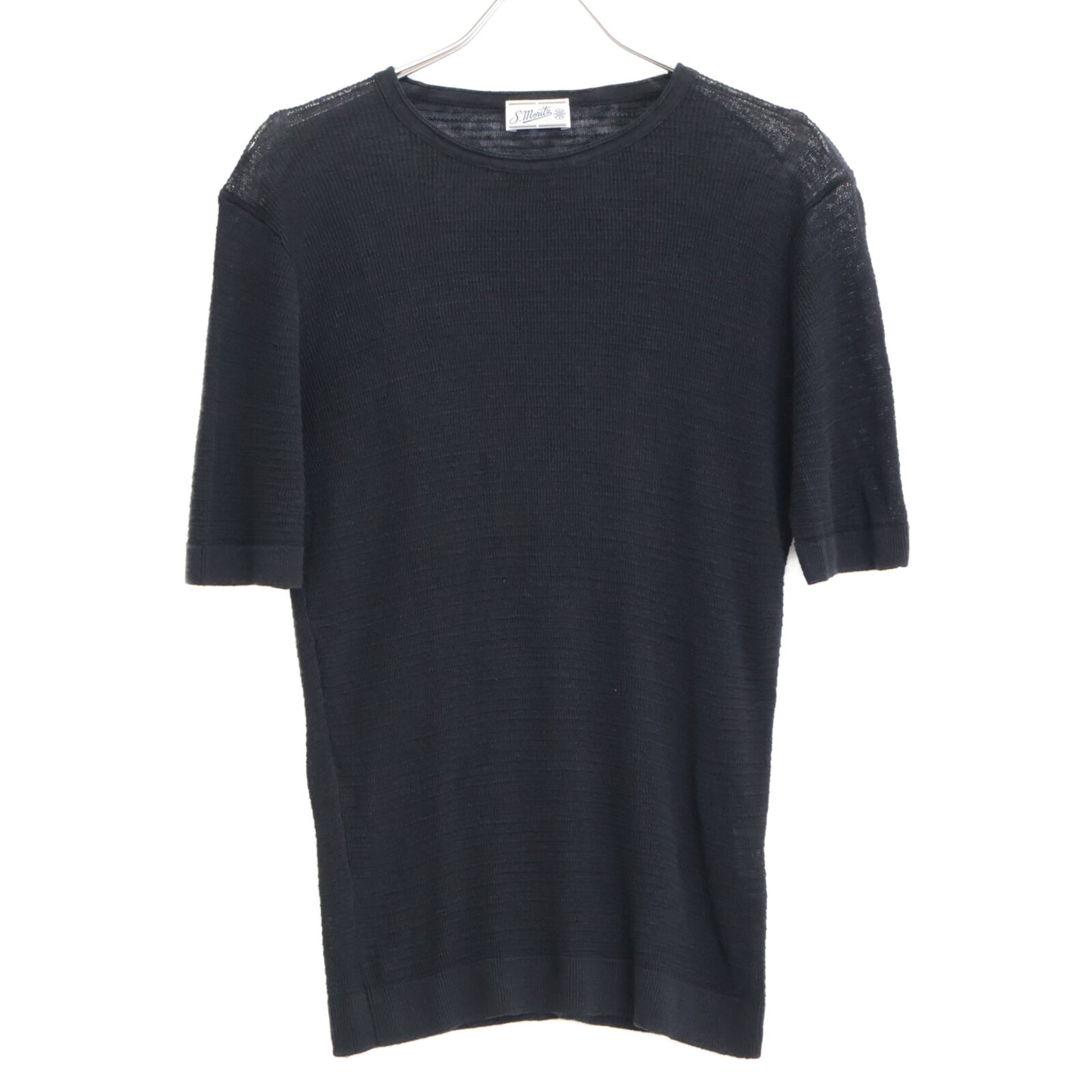 St.moritz サンモリッツ ﾌﾞﾗｯｸ ﾘﾈﾝ ｼｱｰﾒｯｼｭ ｸﾙｰﾈｯｸ ｼｮｰﾄｽﾘｰﾌﾞｶｯﾄｿｰ トップス 48