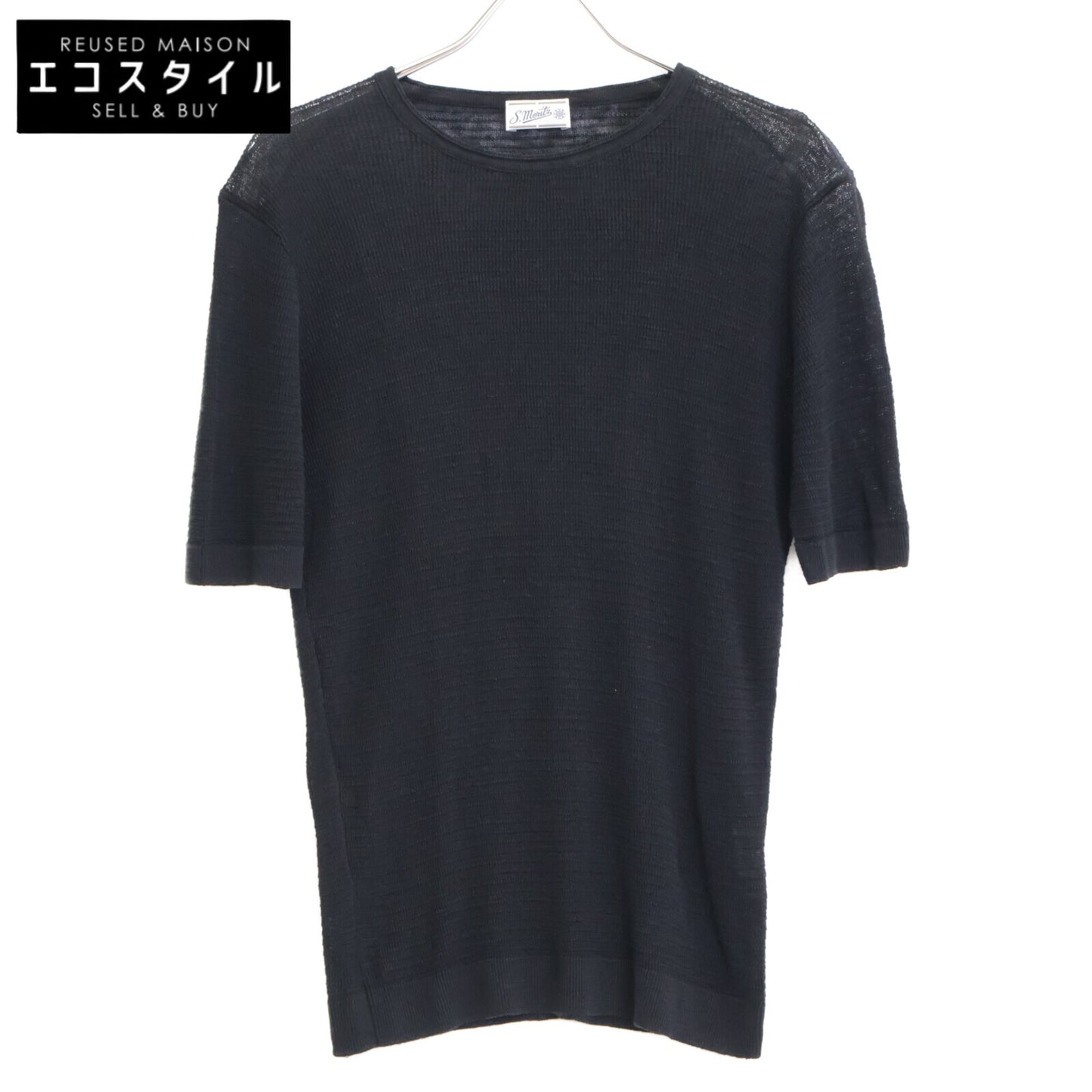 St.moritz サンモリッツ ﾌﾞﾗｯｸ ﾘﾈﾝ ｼｱｰﾒｯｼｭ ｸﾙｰﾈｯｸ ｼｮｰﾄｽﾘｰﾌﾞｶｯﾄｿｰ トップス 48