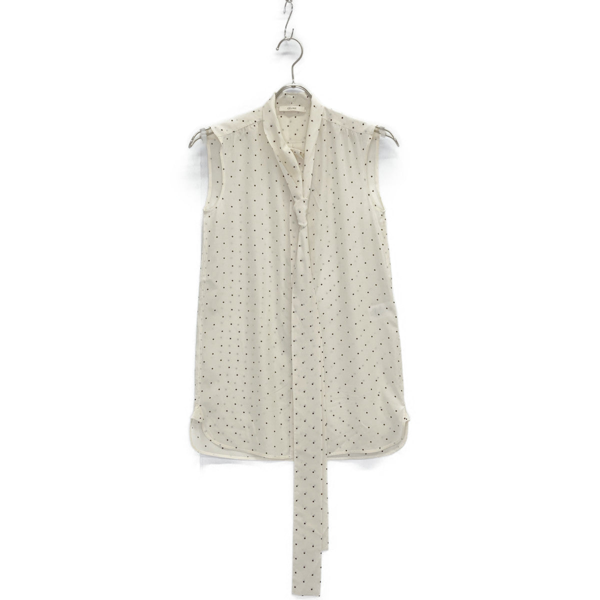 CELINE セリーヌ フィービー期 2 0W55/5963 ホワイト×ブラック シルク ドット ノースリーブボウタイブラウス トップス 34