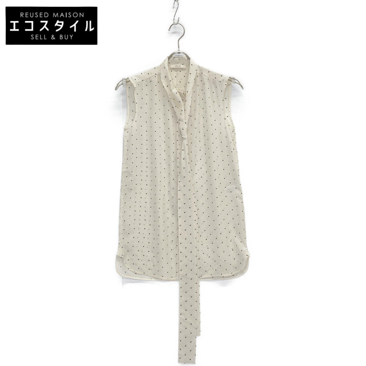 CELINE セリーヌ フィービー期 2 0W55/5963 ホワイト×ブラック シルク ドット ノースリーブボウタイブラウス トップス 34