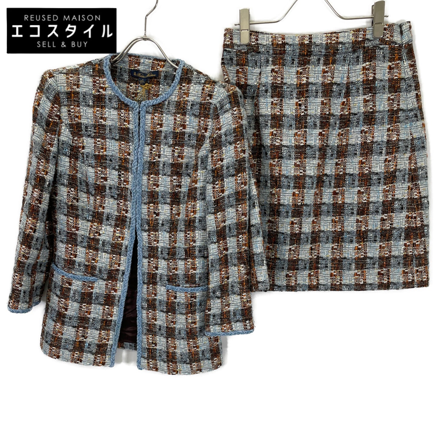 Brooks Brothers ブルックスブラザーズ ライトブルー ノーカラーツイードジャケット スカート セットアップ スーツ セットアップ 0