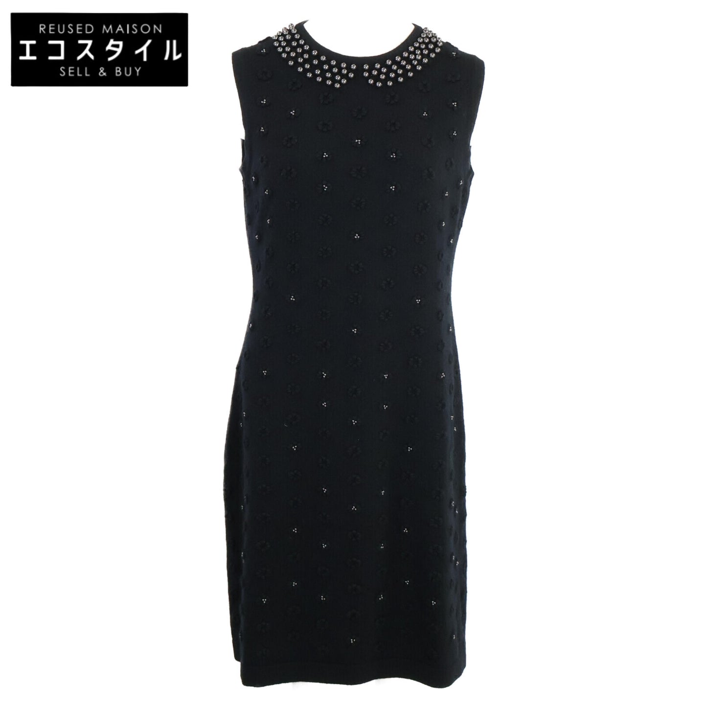 CHANEL シャネル 美品 国内正規 P40686K02963 フェイクパール＆ココボタン フラワーモチーフ カシミヤ ノースリーブニット ワンピース 38