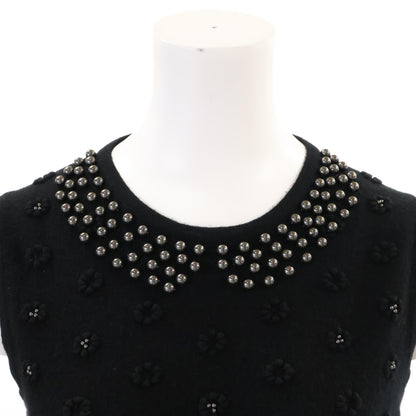 CHANEL シャネル 美品 国内正規 P40686K02963 フェイクパール＆ココボタン フラワーモチーフ カシミヤ ノースリーブニット ワンピース 38