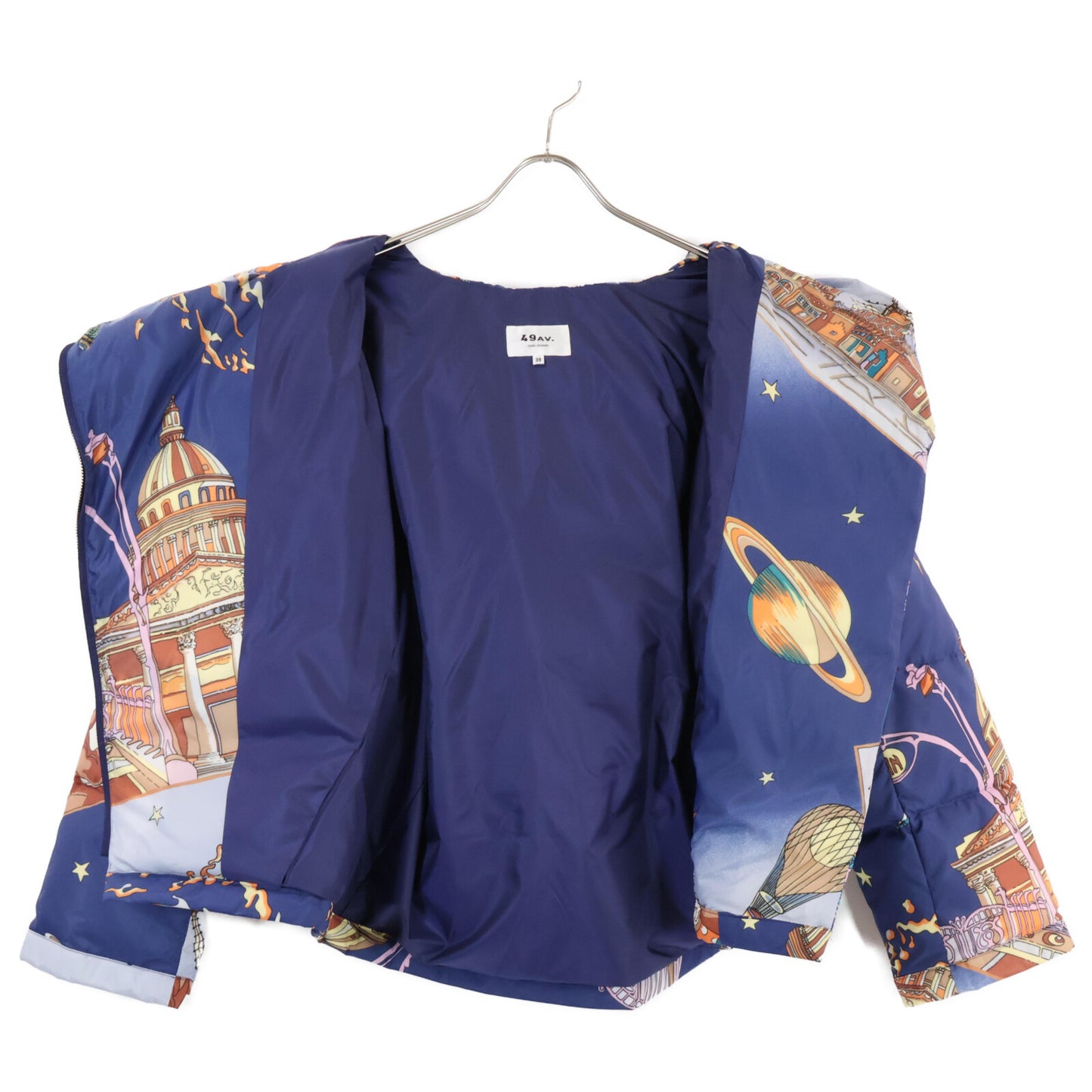 49av.Junko Shimada 49アベニュージュンコシマダ 313434124 ブルー パリナイト総柄 アシンメトリージップショートダウンジャケット ジャケット 38