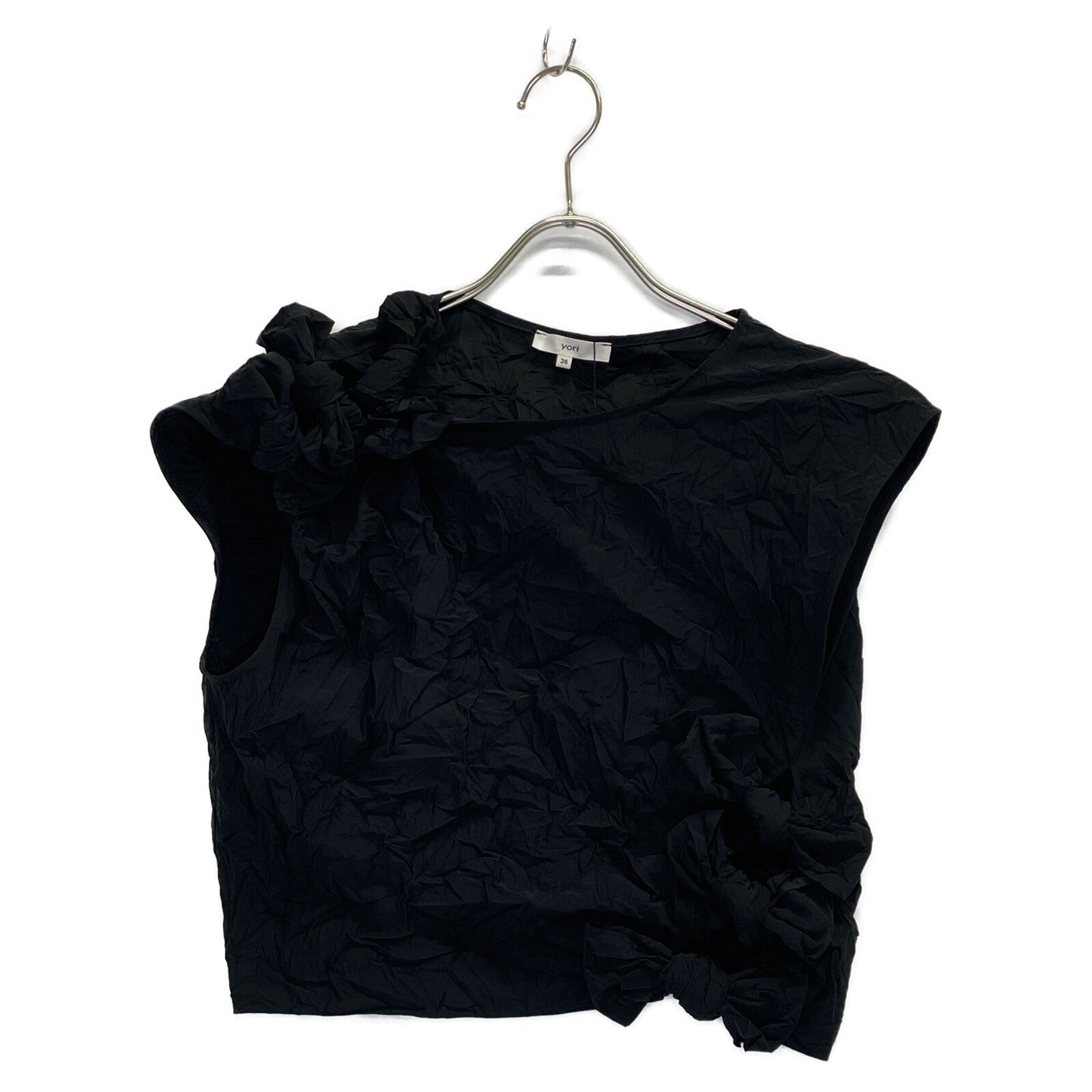 yori ヨリ 25SS YR21-25064SM ﾌﾞﾗｯｸ ﾎﾟﾘｴｽﾃﾙ ﾘﾎﾞﾝﾜｯｼｬｰﾌﾞﾗｳｽ トップス 36