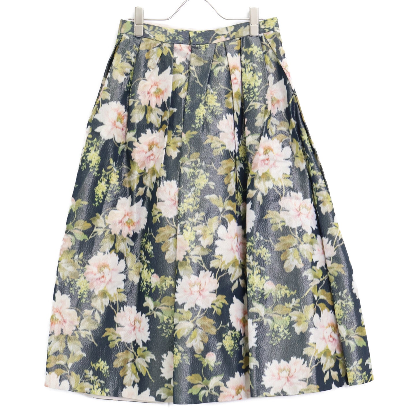 DRAWER ドゥロワー ﾌﾞﾗｯｸ系 ﾚｰﾖﾝ混 ﾌﾗﾜｰﾌﾟﾘﾝﾄﾀｯｸｽｶｰﾄ スカート 36