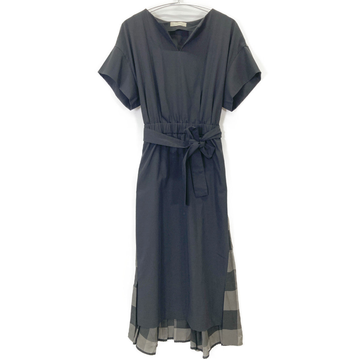 ADORE アドーア 531-8140516 ﾌﾞﾗｯｸ ｳﾞｨｽｺｰｽﾁｪｯｸ切替半袖ﾜﾝﾋﾟｰｽ ワンピース 38