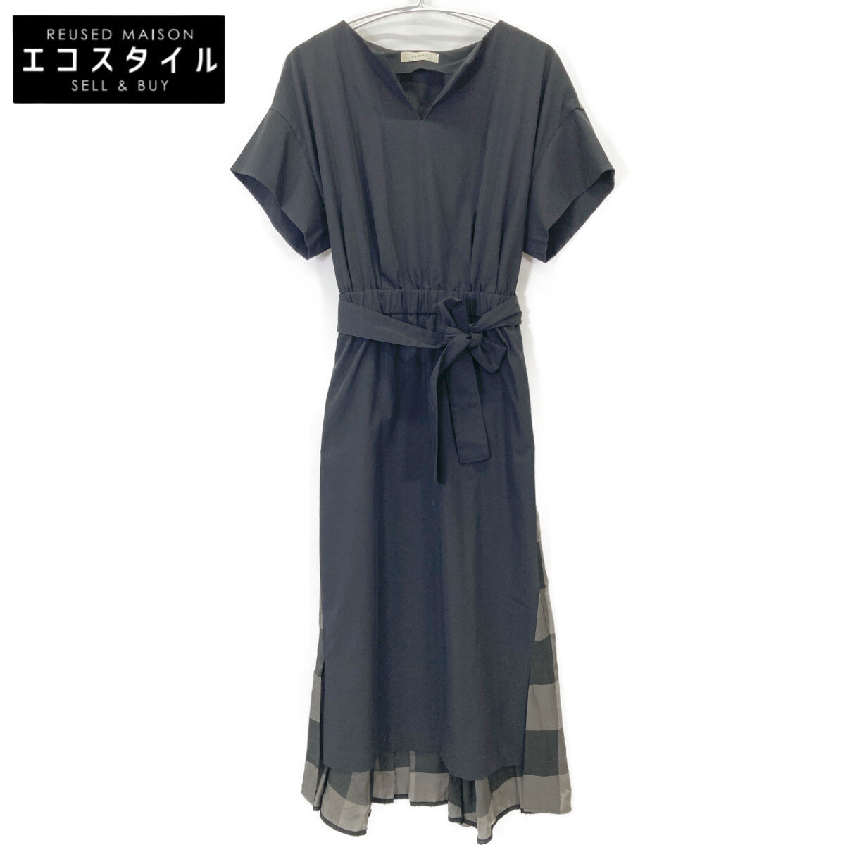 ADORE アドーア 531-8140516 ﾌﾞﾗｯｸ ｳﾞｨｽｺｰｽﾁｪｯｸ切替半袖ﾜﾝﾋﾟｰｽ ワンピース 38