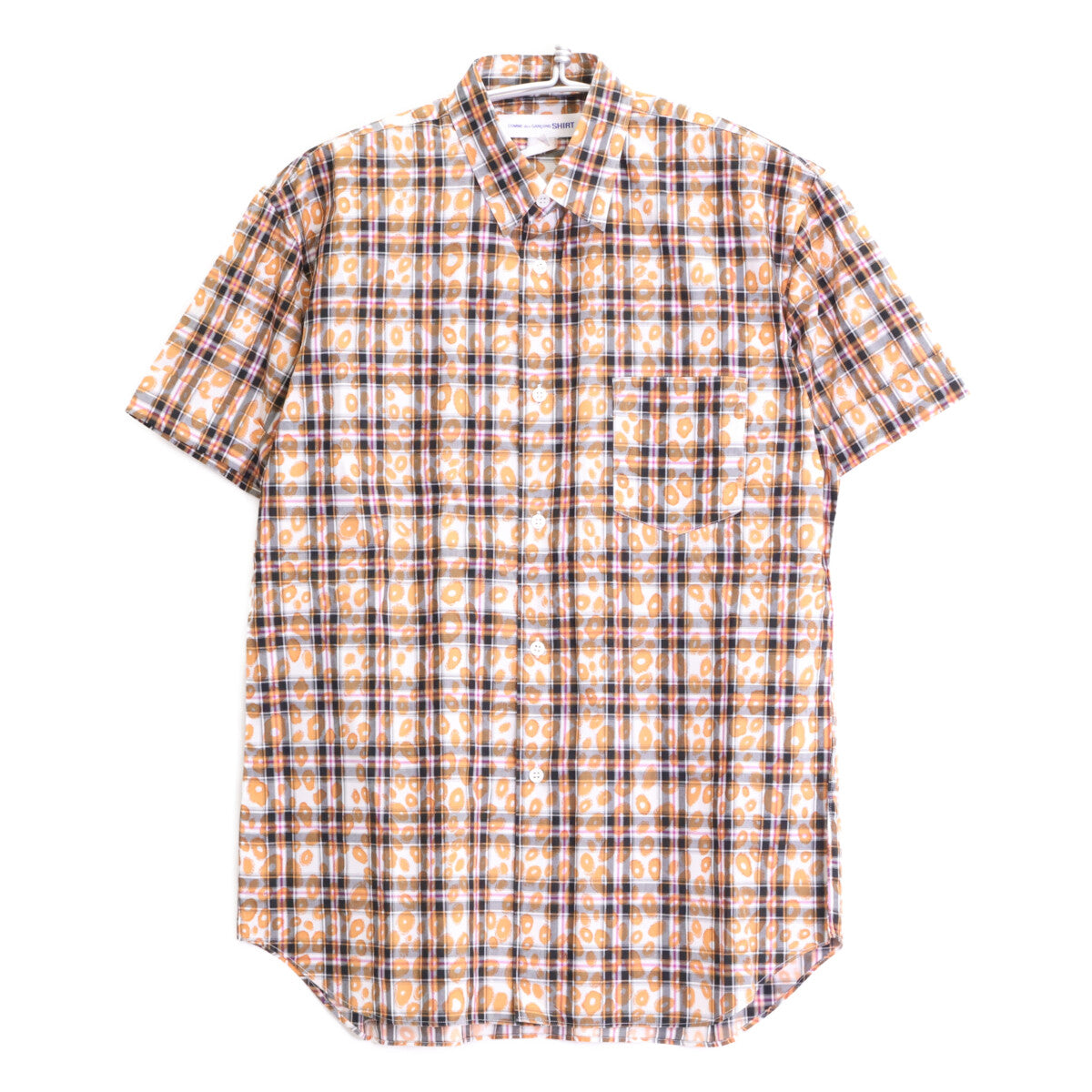 COMME des GARCONS SHIRT コムデギャルソンシャツ S20031 ｵﾚﾝｼﾞ ｺｯﾄﾝ ﾁｪｯｸ×ﾚｵﾊﾟｰﾄﾞ ｼｮｰﾄｽﾘｰﾌﾞｼｬﾂ トップス M