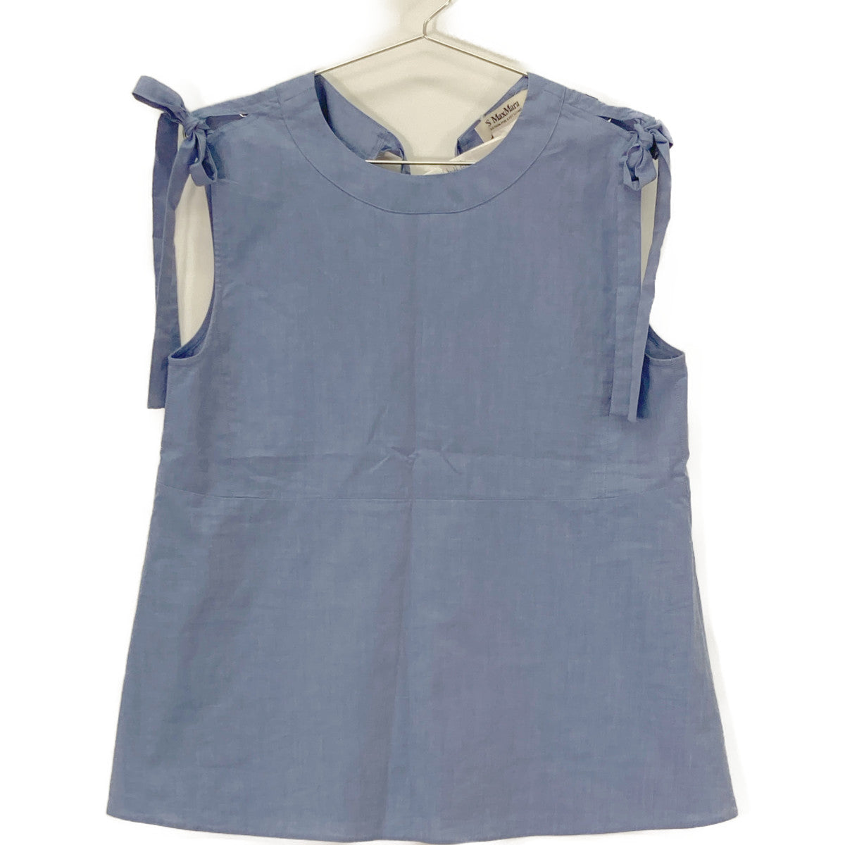 S MaxMara エスマックスマーラ 9161015306 ELEONORA ﾌﾞﾙｰ ｺｯﾄﾝ ﾘﾎﾞﾝﾃﾞｻﾞｲﾝ ﾉｰｽﾘｰﾌﾞﾌﾞﾗｳｽ トップス 42