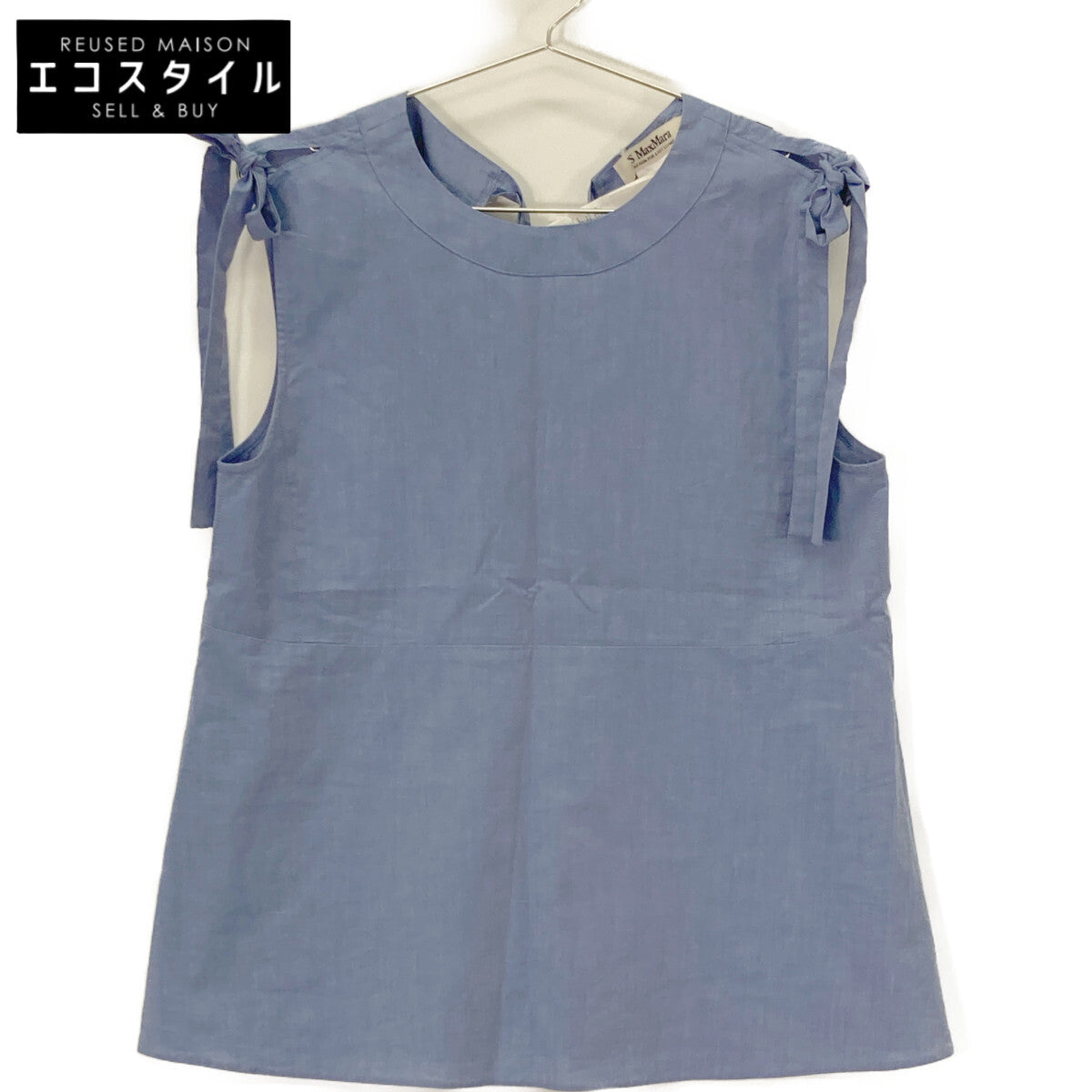 S MaxMara エスマックスマーラ 9161015306 ELEONORA ﾌﾞﾙｰ ｺｯﾄﾝ ﾘﾎﾞﾝﾃﾞｻﾞｲﾝ ﾉｰｽﾘｰﾌﾞﾌﾞﾗｳｽ トップス 42