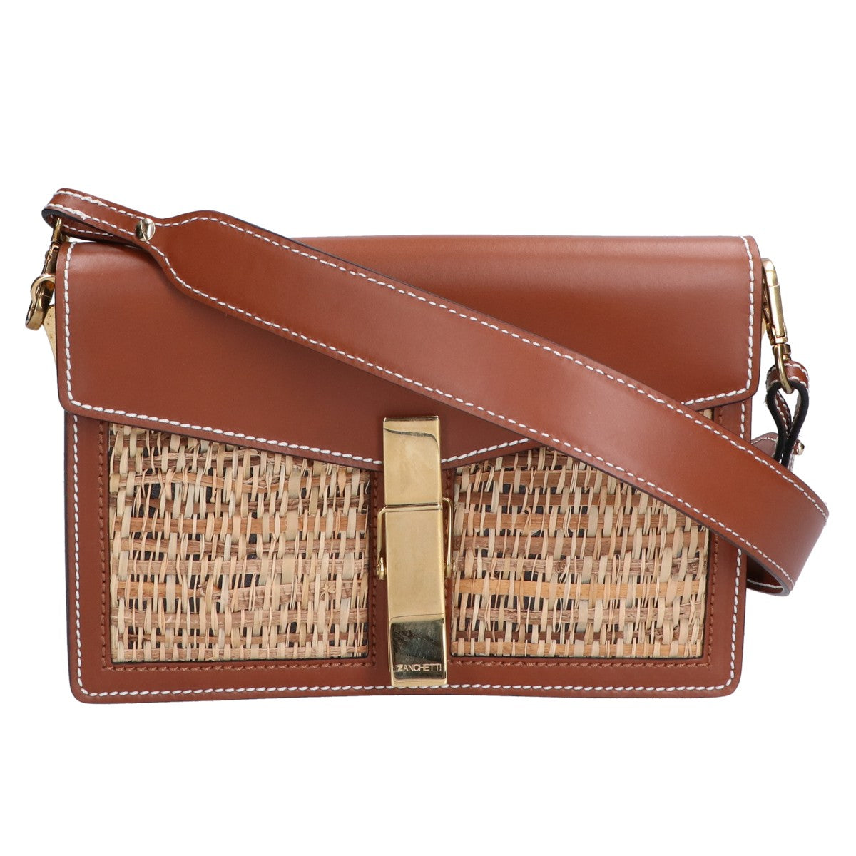ZANCHETTI ザンケッティ 【美品】ラフィアｘレザー クリップ ショルダーバッグ