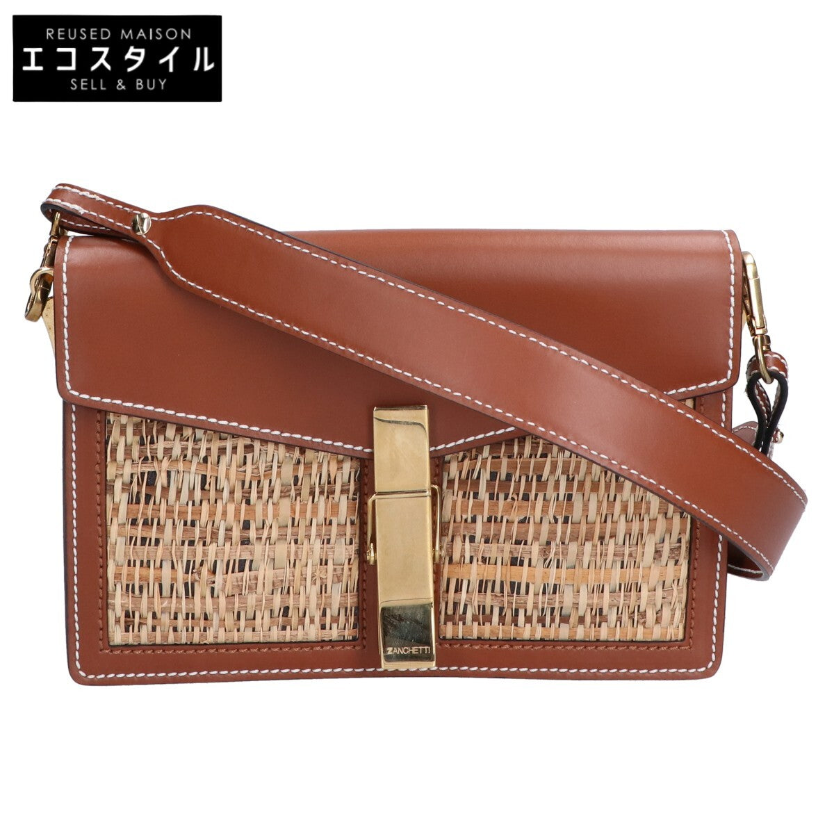 ZANCHETTI ザンケッティ 【美品】ラフィアｘレザー クリップ ショルダーバッグ