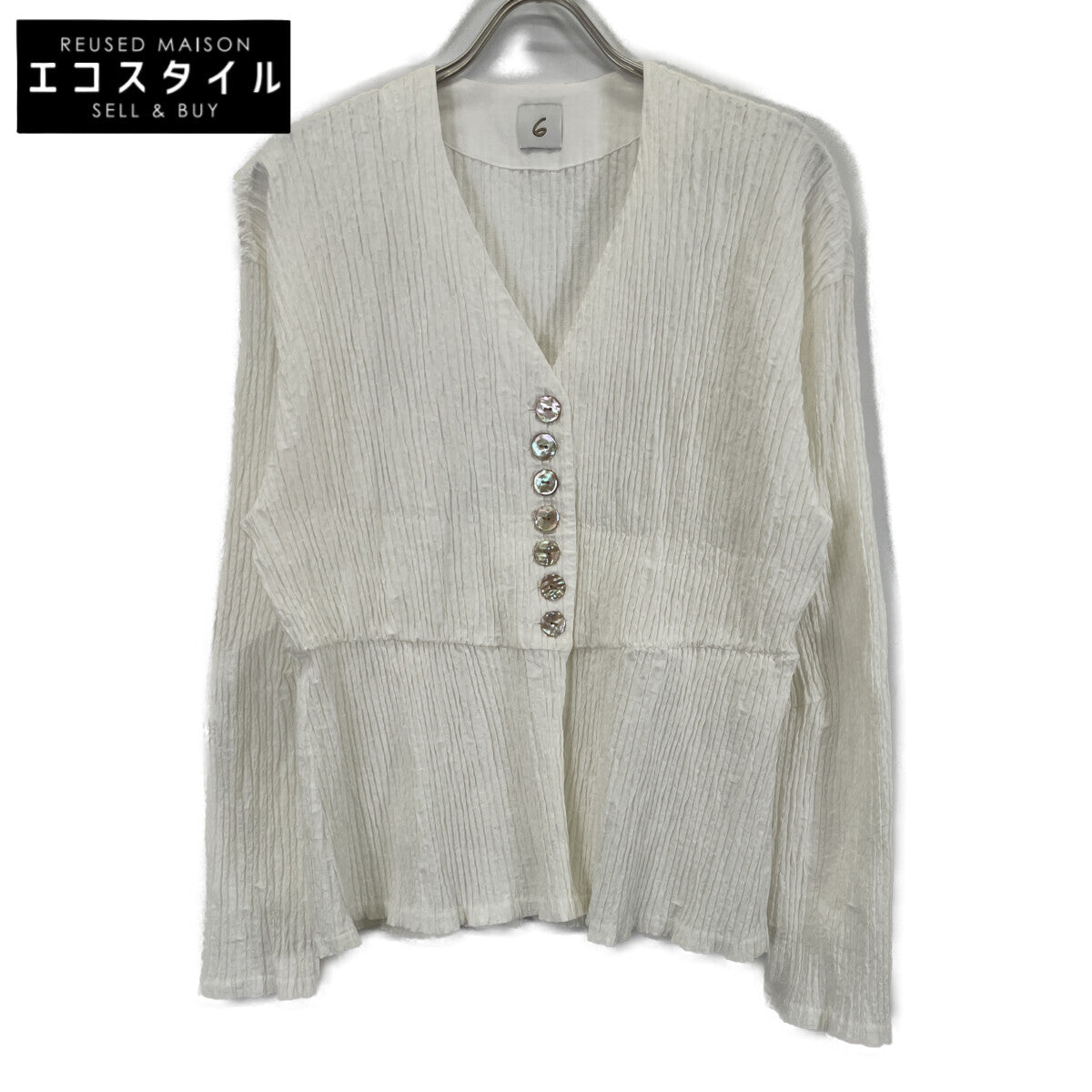 6 ROKU ロク ﾎﾜｲﾄ ｼｪﾙﾎﾞﾀﾝｼｭﾘﾝｸ加工ｼｬﾂﾌﾞﾗｳｽ トップス 表記なし