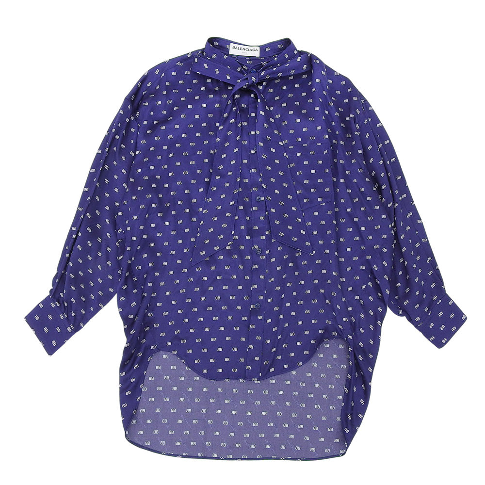 BALENCIAGA バレンシアガ シルク100% ボウタイ BBロゴ シャツブラウス トップス レディース ネイビー 34 503061 17年 トップス 34