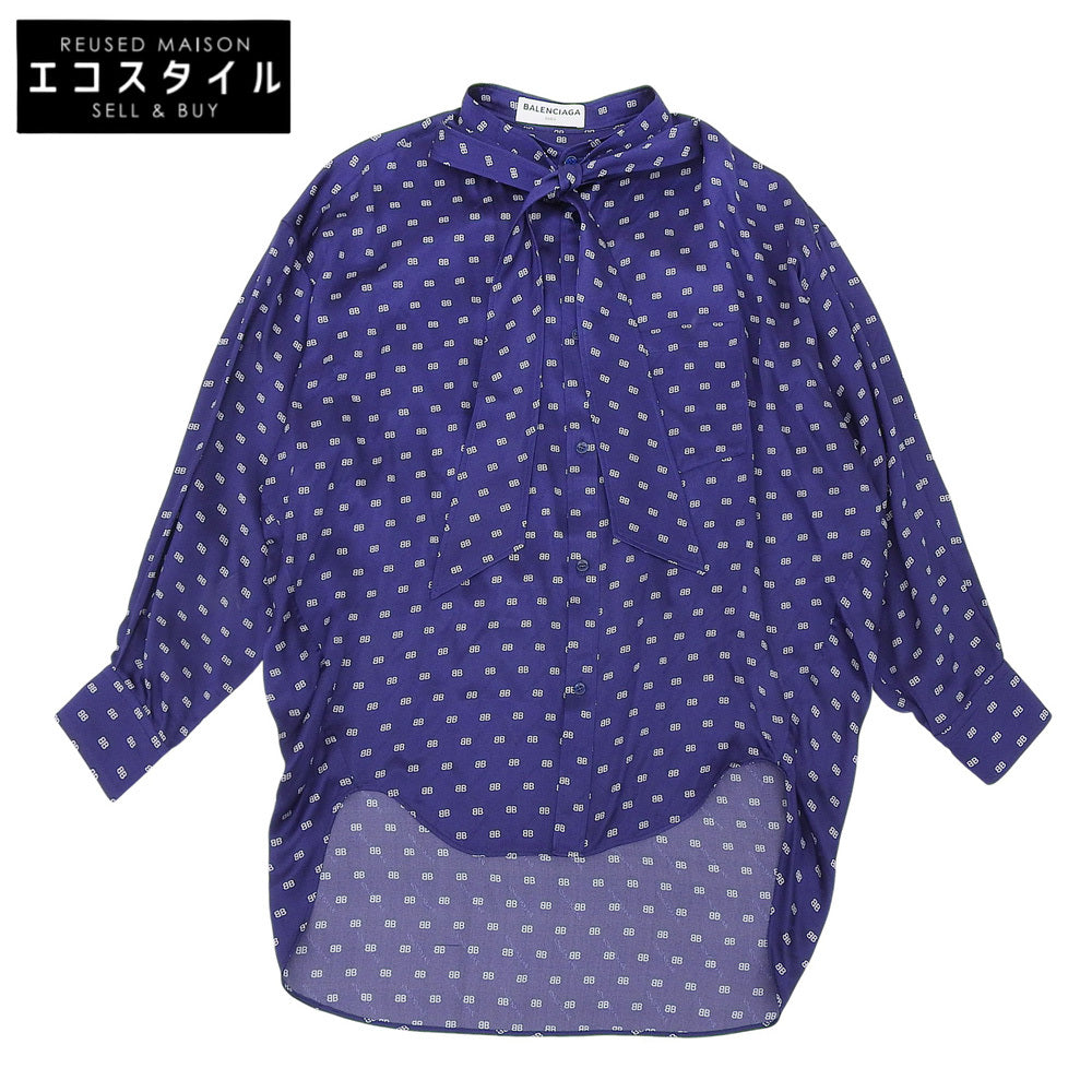 BALENCIAGA バレンシアガ シルク100% ボウタイ BBロゴ シャツブラウス トップス レディース ネイビー 34 503061 17年 トップス 34