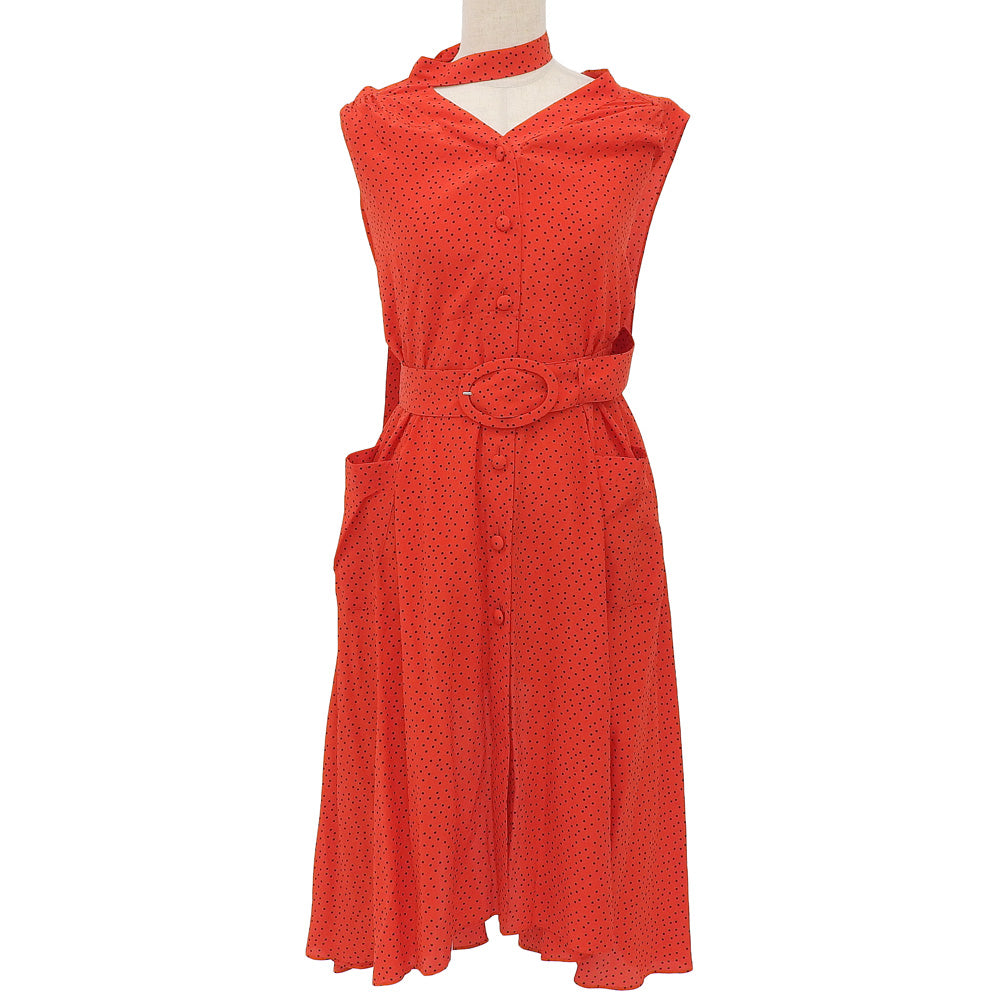 BALENCIAGA バレンシアガ 美品 シルク100% ベルテッド ドット ノースリーブ ワンピース レディース レッド 34 492105 17年 ワンピース 34