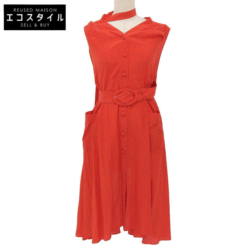 BALENCIAGA バレンシアガ 美品 シルク100% ベルテッド ドット ノースリーブ ワンピース レディース レッド 34 492105 17年 ワンピース 34