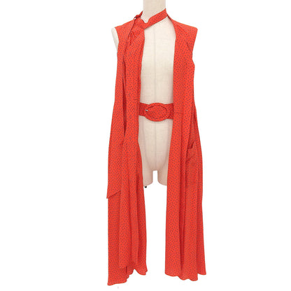 BALENCIAGA バレンシアガ 美品 シルク100% ベルテッド ドット ノースリーブ ワンピース レディース レッド 34 492105 17年 ワンピース 34