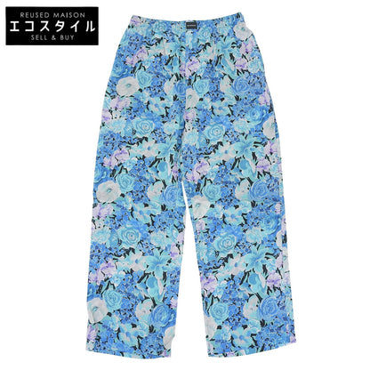 BALENCIAGA バレンシアガ 美品 フラワー総柄 シルクドレープパンツ ボトムス レディース ブルー 34 595222 20年 ボトムス 34