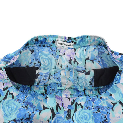 BALENCIAGA バレンシアガ 美品 フラワー総柄 シルクドレープパンツ ボトムス レディース ブルー 34 595222 20年 ボトムス 34